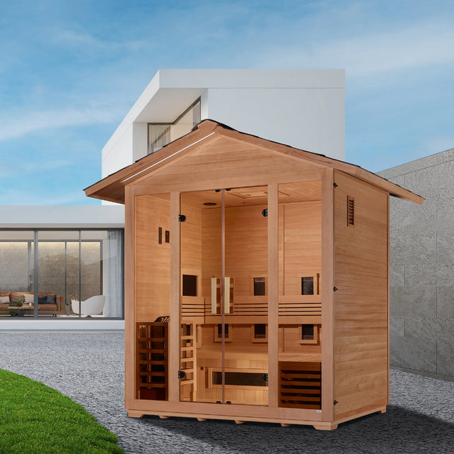 Golden Designs "Gargellen" 5 Person Hybrid Outdoor Sauna - Canadian Hemlock Take A Break Spas & Billiards.