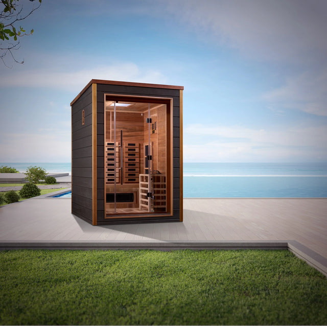 Golden Designs Nora 2 Person Outdoor-Indoor PureTech™ Hybrid Full Spectrum Sauna Take A Break Spas & Billiards.