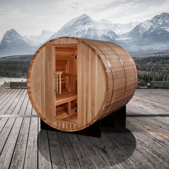 Golden Designs "Arosa" 4 Person Barrel Traditional Sauna - Pacific Cedar Take A Break Spas & Billiards.