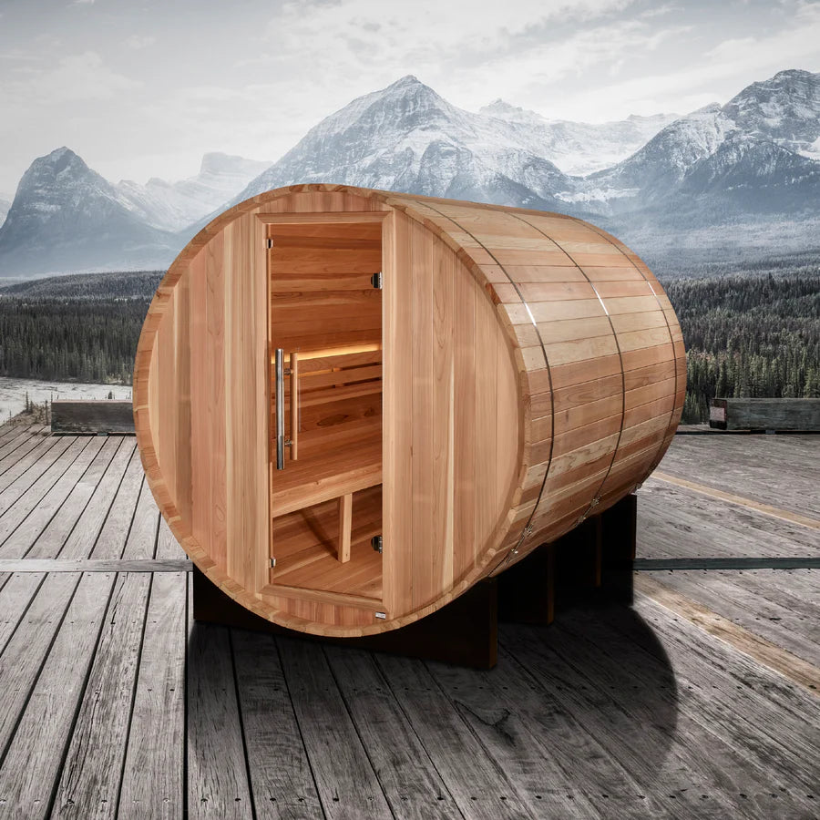 Golden Designs "Klosters" 6 Person Barrel Traditional Sauna - Pacific Cedar Take A Break Spas & Billiards.