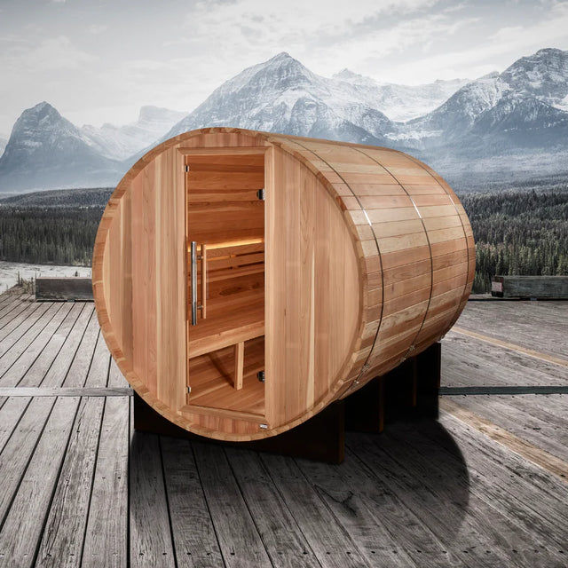 Golden Designs "Klosters" 6 Person Barrel Traditional Sauna - Pacific Cedar Take A Break Spas & Billiards.