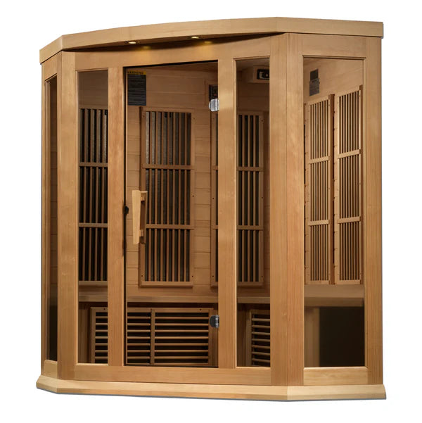 Maxxus 3 Person Corner Near Zero EMF FAR Infrared Sauna - Canadian Hemlock Take A Break Spas & Billiards.