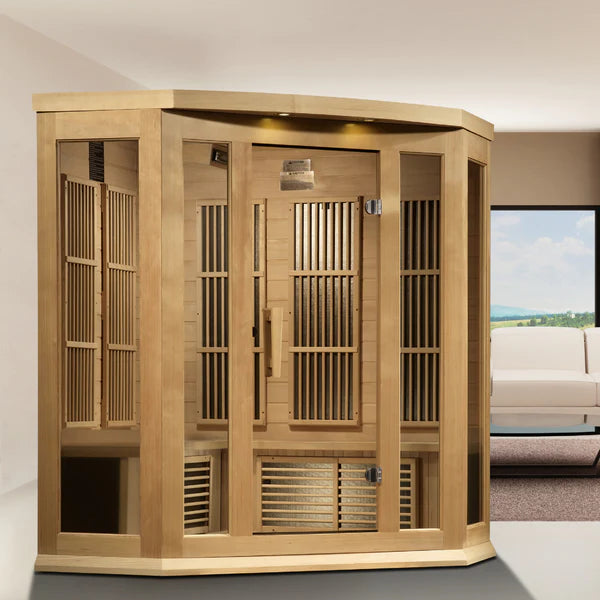 Maxxus 3 Person Corner Near Zero EMF FAR Infrared Sauna - Canadian Hemlock Take A Break Spas & Billiards.