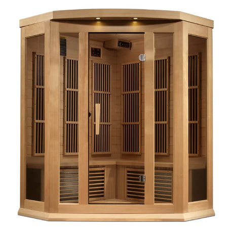 Maxxus 3 Person Corner Near Zero EMF FAR Infrared Sauna - Canadian Hemlock Take A Break Spas & Billiards.