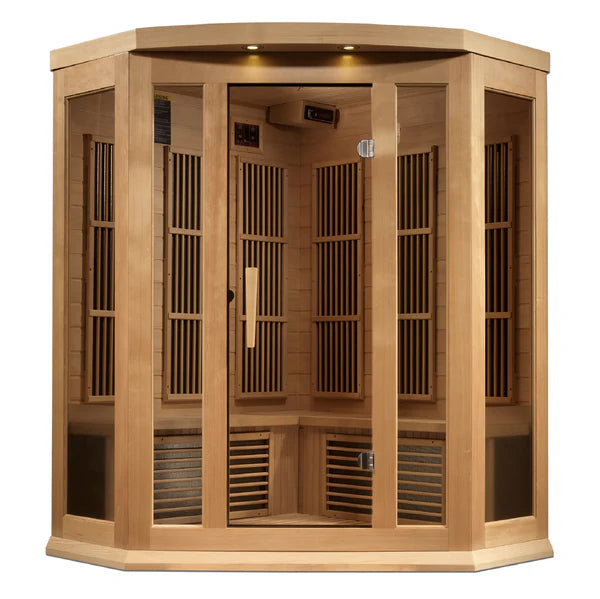 Maxxus 3 Person Corner Near Zero EMF FAR Infrared Sauna - Canadian Hemlock Take A Break Spas & Billiards.